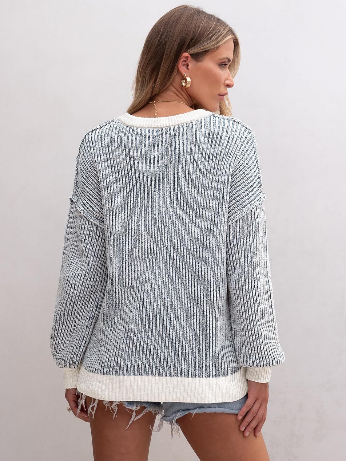 Womens Sweaters Crewneck Long Sleeve Color Block Pullover Loose Ribbed Knit Sweater Tops 2024 Fall Trendy Outfits