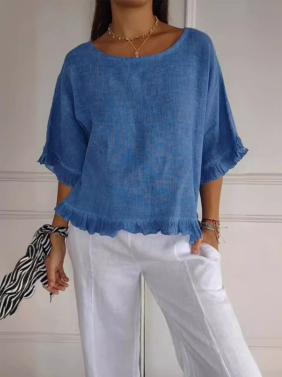 New women's Round Neck Ruffled Hem Mid-sleeve Cotton and Linen Tops
