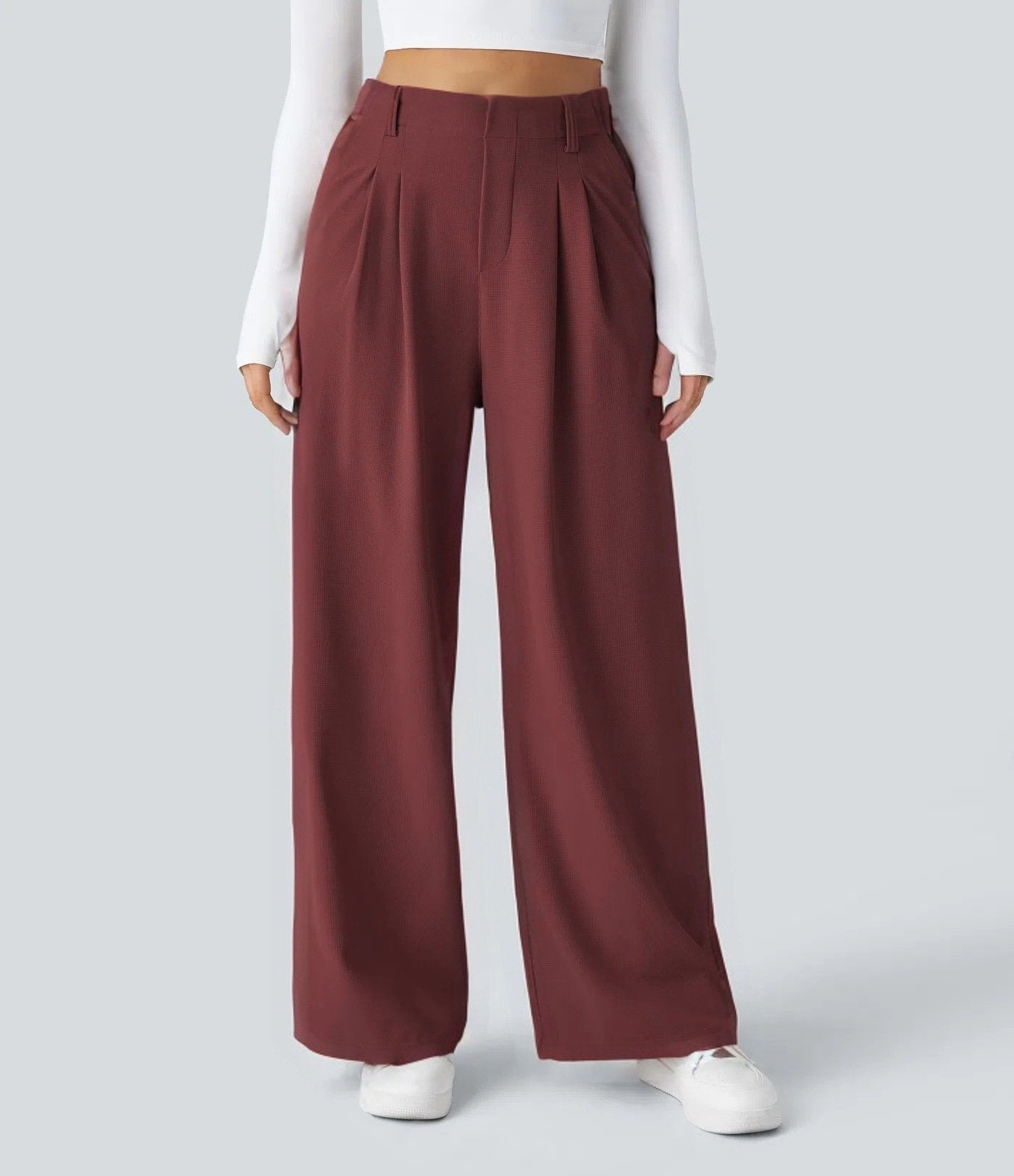 High Waisted Plicated Side Pocket Wide Leg Waffle Work Pants