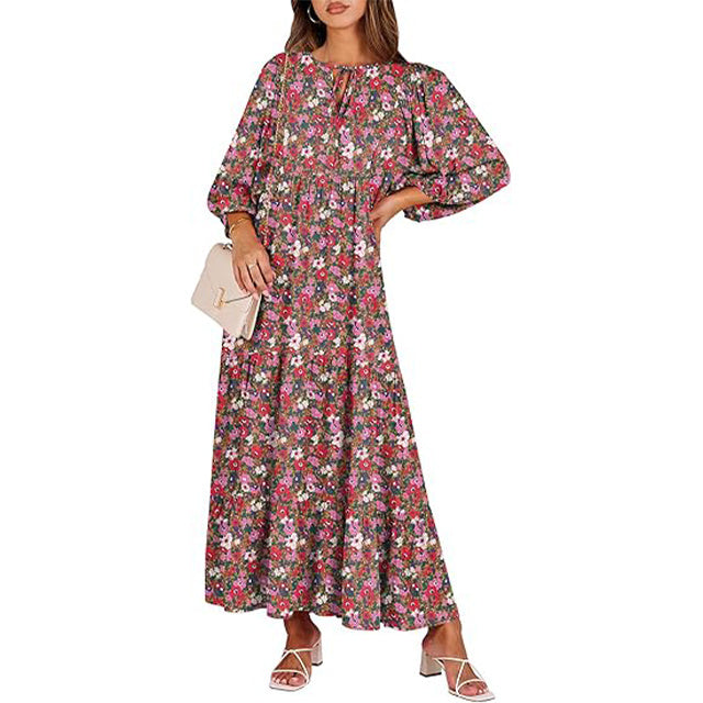 summer V Neck Puff Sleeve Floral Flowy Swing Casual Long Dress