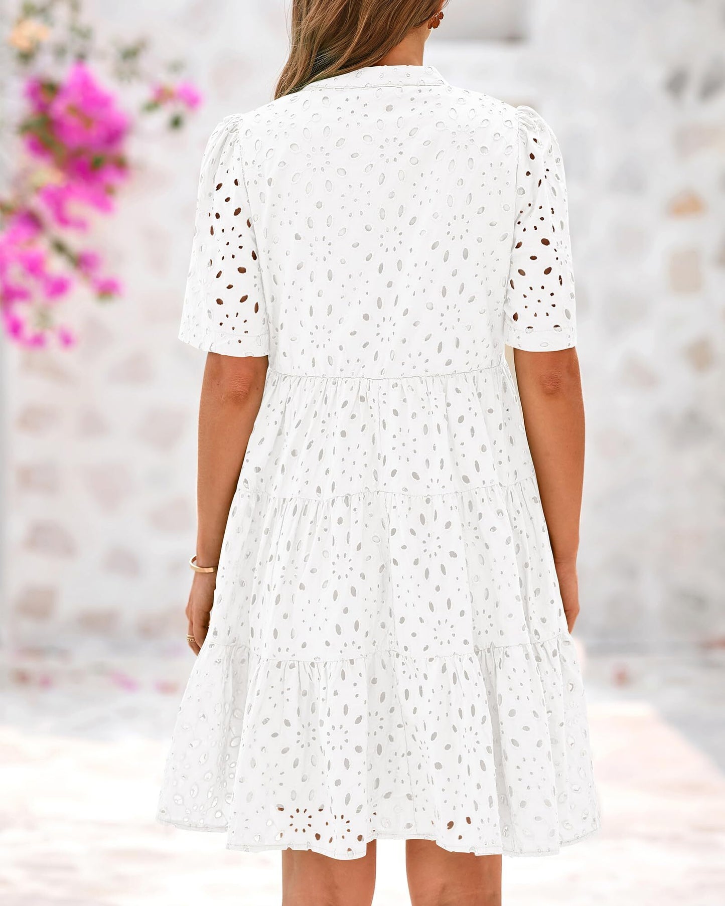 2025 New Women's V Neck Short Sleeve Hollow Out Lace Ruffle Summer Dresses