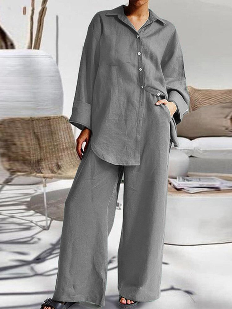 2025 New Everyday Casual Linen Button Two-Piece Set(Shirt + Pants)
