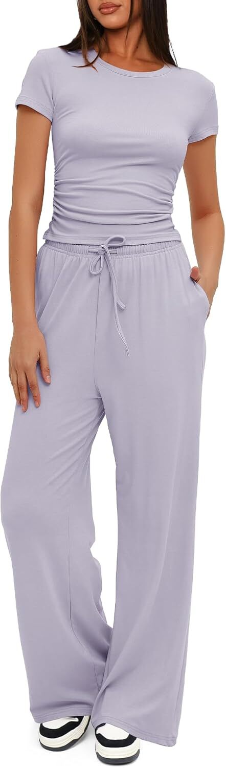 Darong Women's 2 Piece Outfits Lounge Sets Ruched Short Sleeve Tops and High Waisted Wide Leg Pants Tracksuit Sets