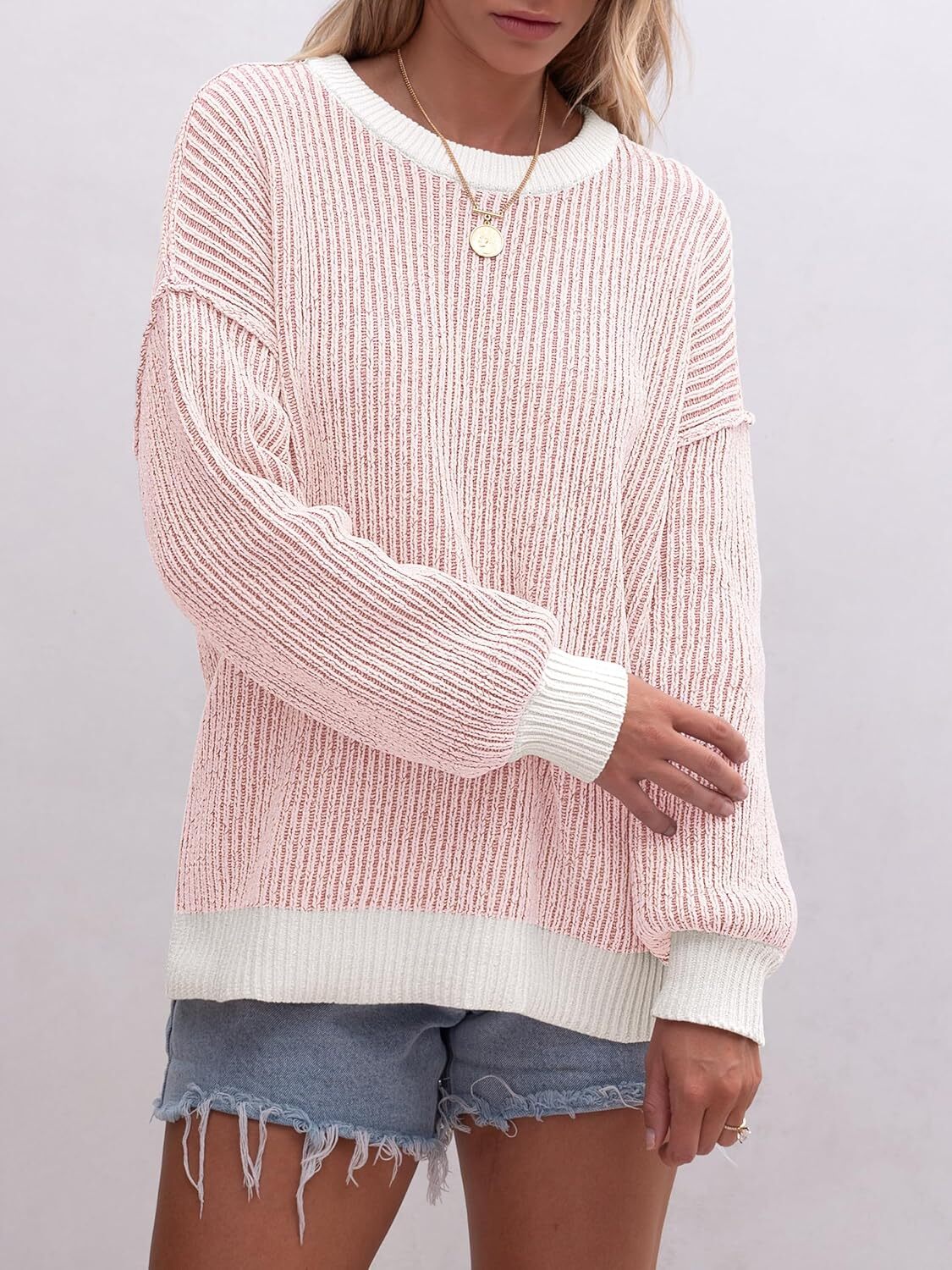 Womens Sweaters Crewneck Long Sleeve Color Block Pullover Loose Ribbed Knit Sweater Tops 2024 Fall Trendy Outfits