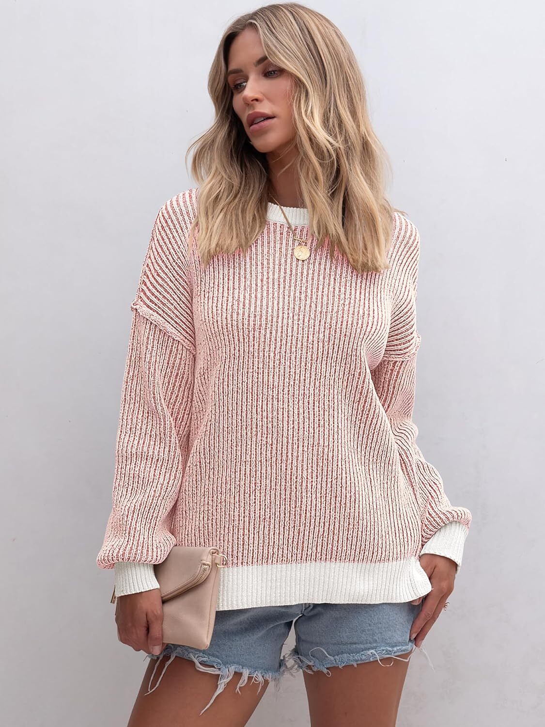 Womens Sweaters Crewneck Long Sleeve Color Block Pullover Loose Ribbed Knit Sweater Tops 2024 Fall Trendy Outfits