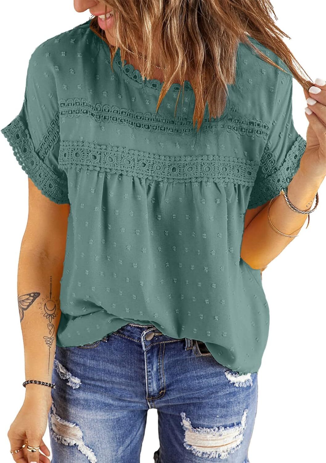Dokotoo Womens Summer Tops Crewneck Lace Crochet Short Sleeve Shirts Casual Chiffon Blouses