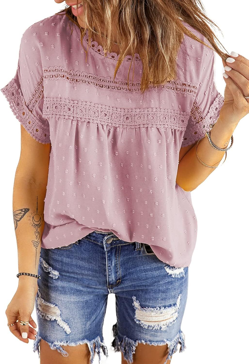 Dokotoo Womens Summer Tops Crewneck Lace Crochet Short Sleeve Shirts Casual Chiffon Blouses