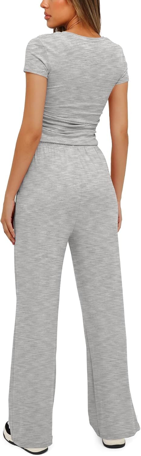 Darong Women's 2 Piece Outfits Lounge Sets Ruched Short Sleeve Tops and High Waisted Wide Leg Pants Tracksuit Sets