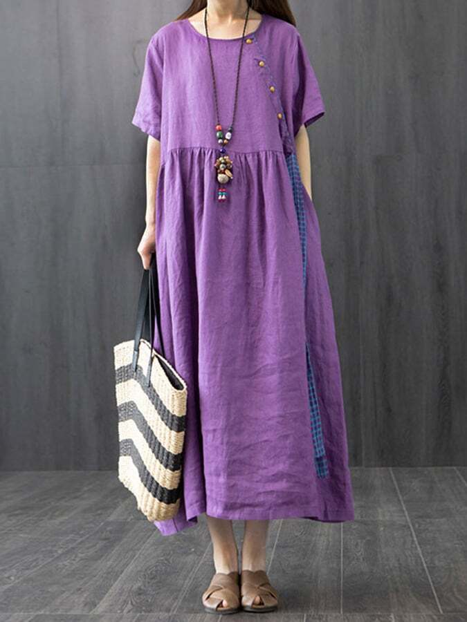 Solid Loose Lace Up Panel Pocket Dress