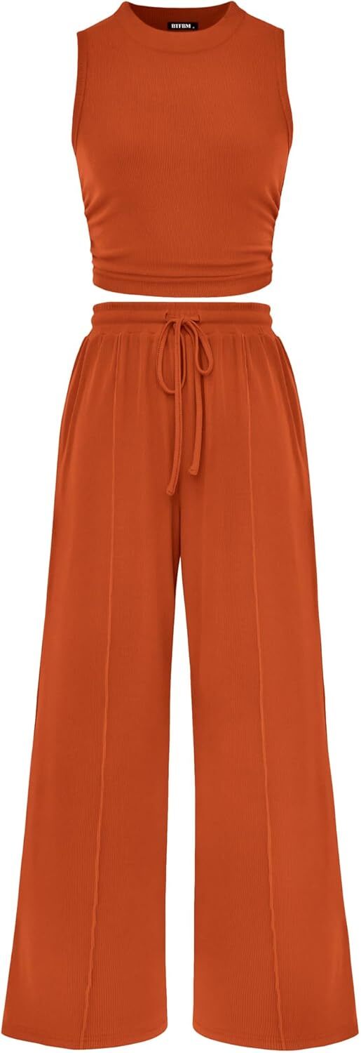 Women's Summer Beach Round Neck Sleeveless Cropped Top Elastic Waist Wide Leg Pants Lounge Set