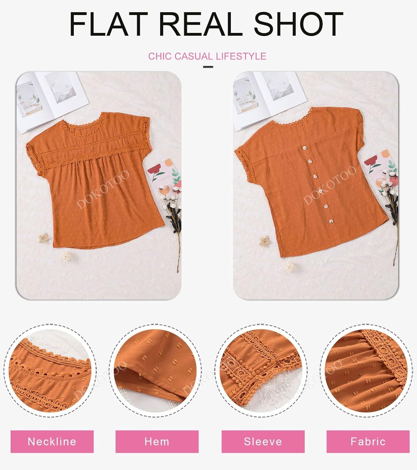 Dokotoo Womens Summer Tops Crewneck Lace Crochet Short Sleeve Shirts Casual Chiffon Blouses