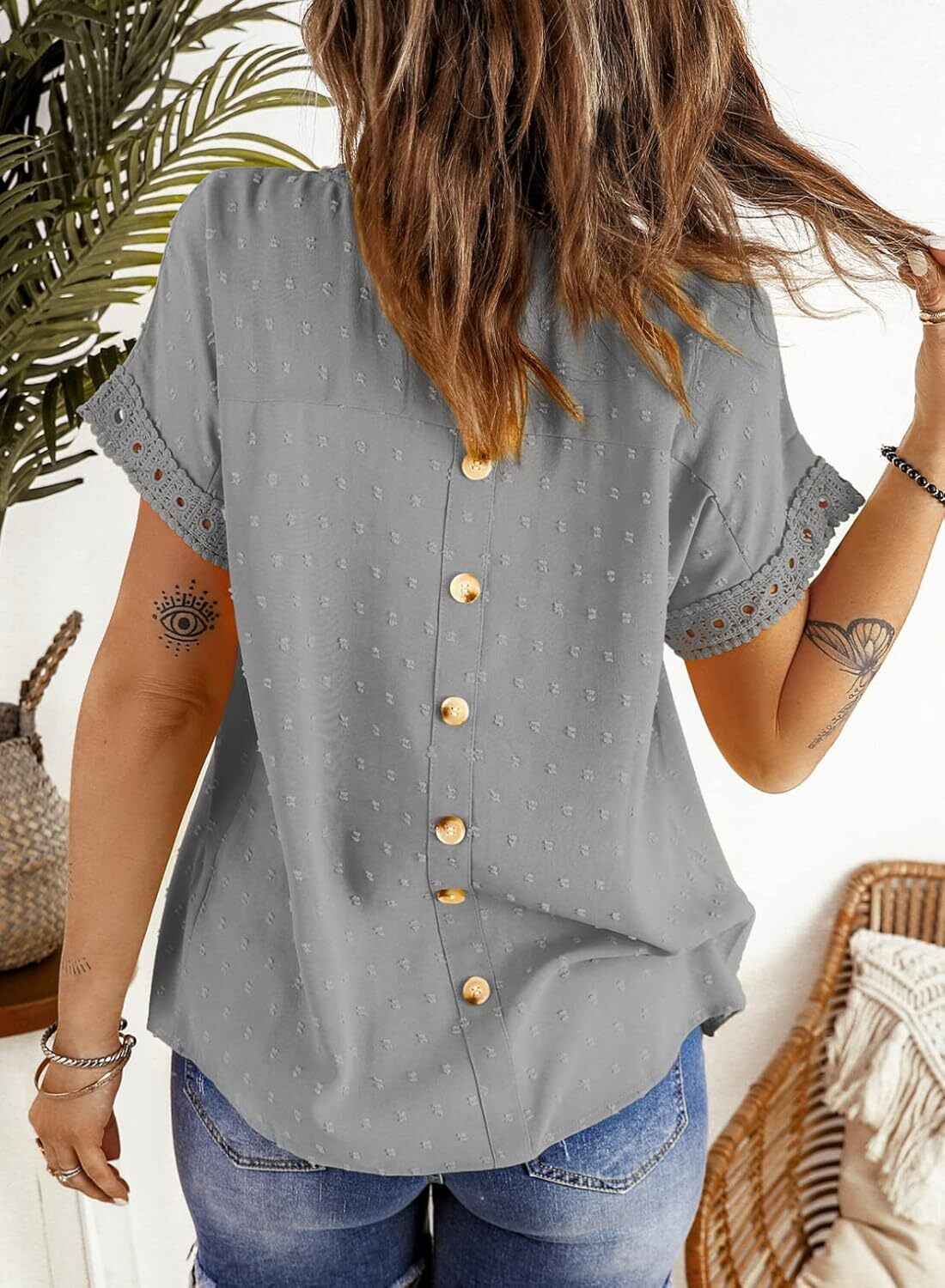 Dokotoo Womens Summer Tops Crewneck Lace Crochet Short Sleeve Shirts Casual Chiffon Blouses