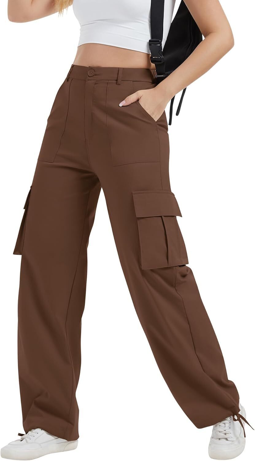 Women High Waisted Satin Cargo Pants Wide Leg Casual Pants multipocket model