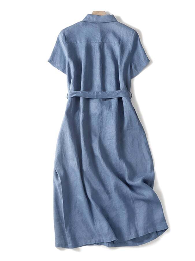 Cotton And Linen Solid Color Shirt Collar Belt Dress