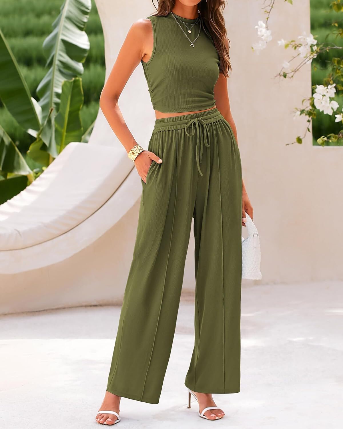 Women's Summer Beach Round Neck Sleeveless Cropped Top Elastic Waist Wide Leg Pants Lounge Set