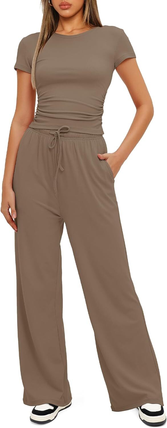 Darong Women's 2 Piece Outfits Lounge Sets Ruched Short Sleeve Tops and High Waisted Wide Leg Pants Tracksuit Sets