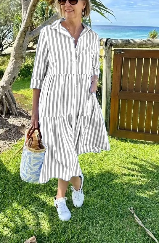 Shirt Collar Striped Print Dress