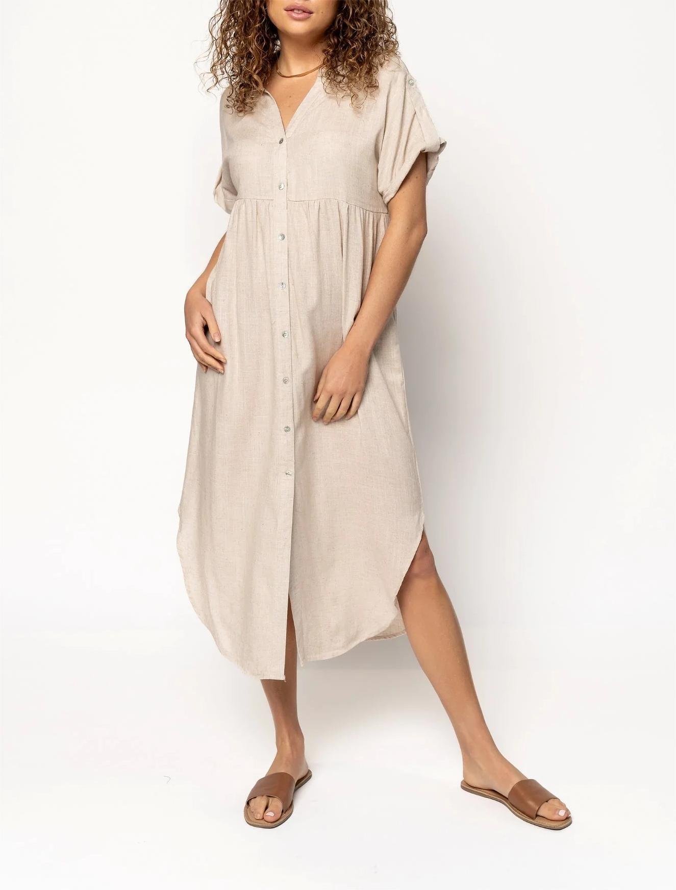 Women's Button Long Pocket Dress Slit Hem