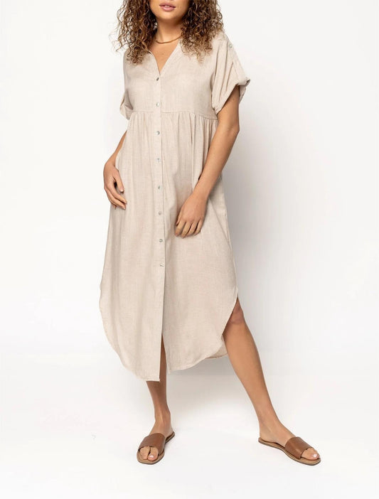 Women's Button Long Pocket Dress Slit Hem