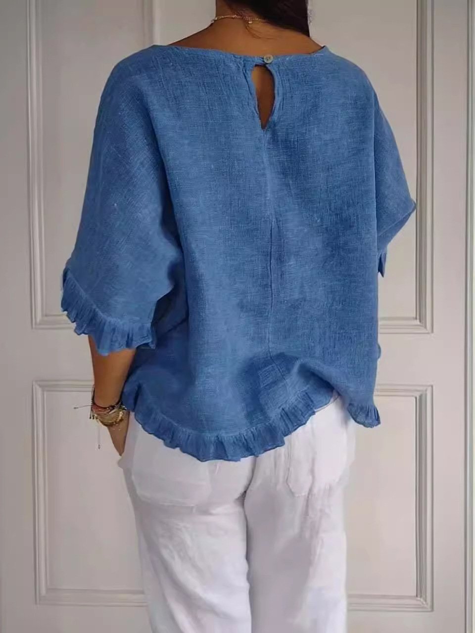 New women's Round Neck Ruffled Hem Mid-sleeve Cotton and Linen Tops