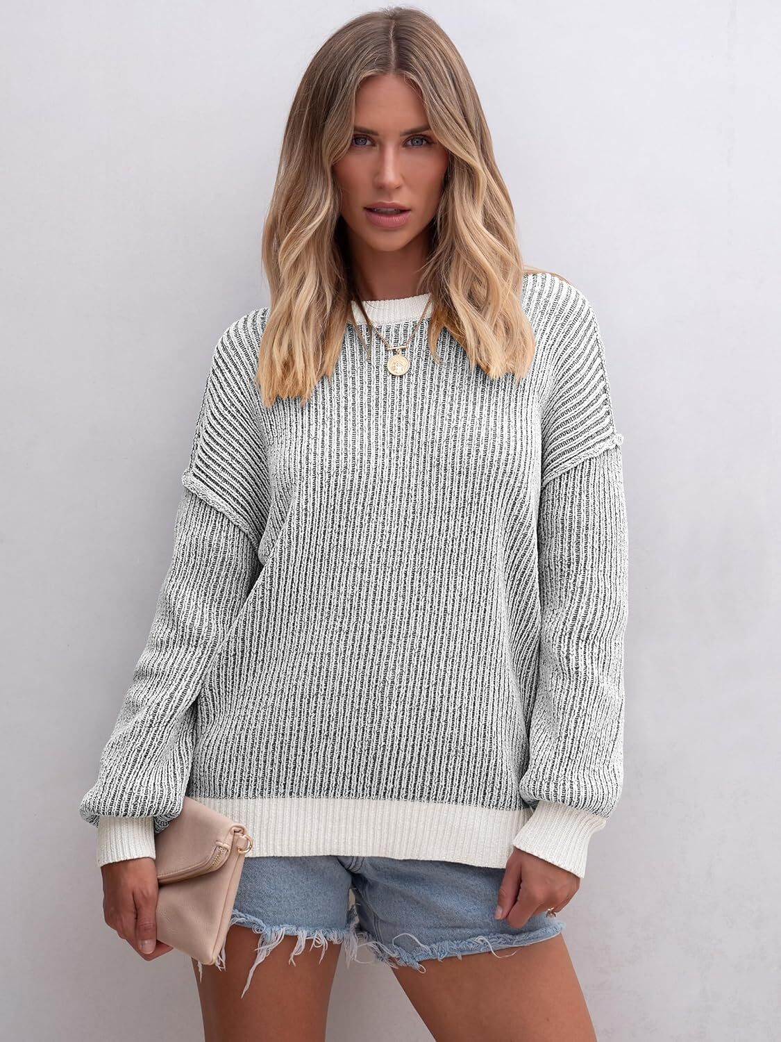 Womens Sweaters Crewneck Long Sleeve Color Block Pullover Loose Ribbed Knit Sweater Tops 2024 Fall Trendy Outfits