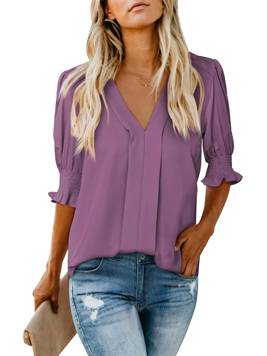 Women's V Neck Dressy Puff Ruffle Blouse Casua Short Sleeve Tops