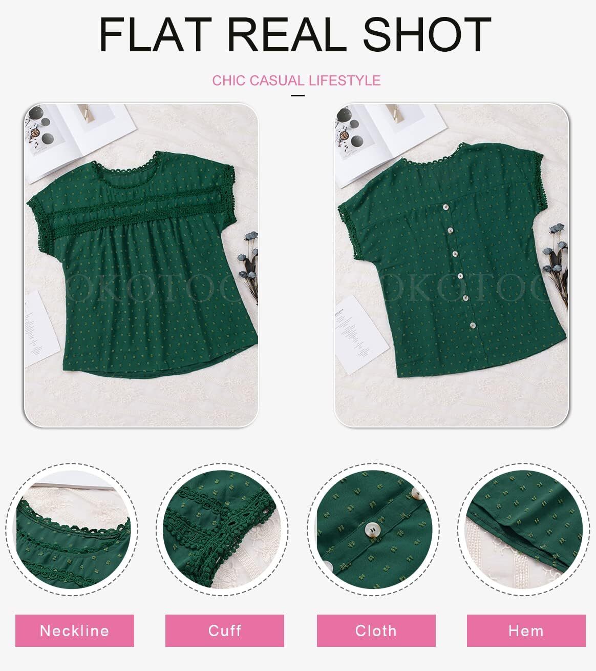 Dokotoo Womens Summer Tops Crewneck Lace Crochet Short Sleeve Shirts Casual Chiffon Blouses