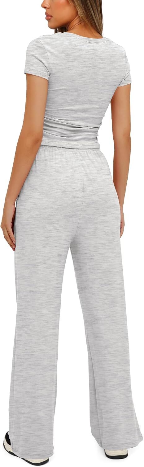 Darong Women's 2 Piece Outfits Lounge Sets Ruched Short Sleeve Tops and High Waisted Wide Leg Pants Tracksuit Sets