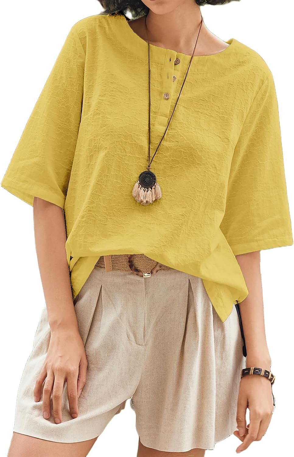 Linen Tops for Women 3/4 Sleeve Crew Neck Cotton Shirts