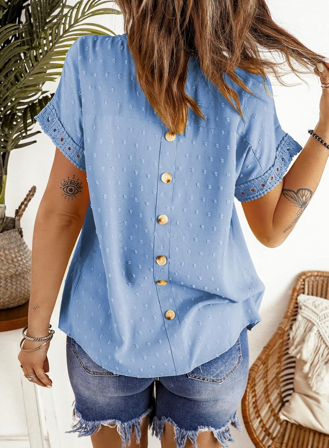 Dokotoo Womens Summer Tops Crewneck Lace Crochet Short Sleeve Shirts Casual Chiffon Blouses