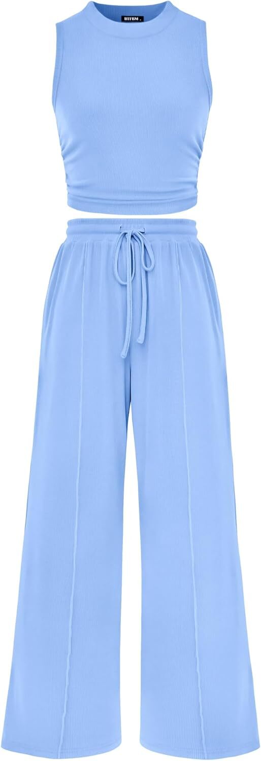 Women's Summer Beach Round Neck Sleeveless Cropped Top Elastic Waist Wide Leg Pants Lounge Set
