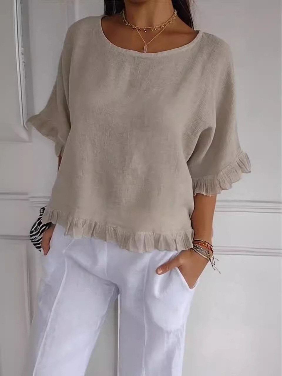 New women's Round Neck Ruffled Hem Mid-sleeve Cotton and Linen Tops
