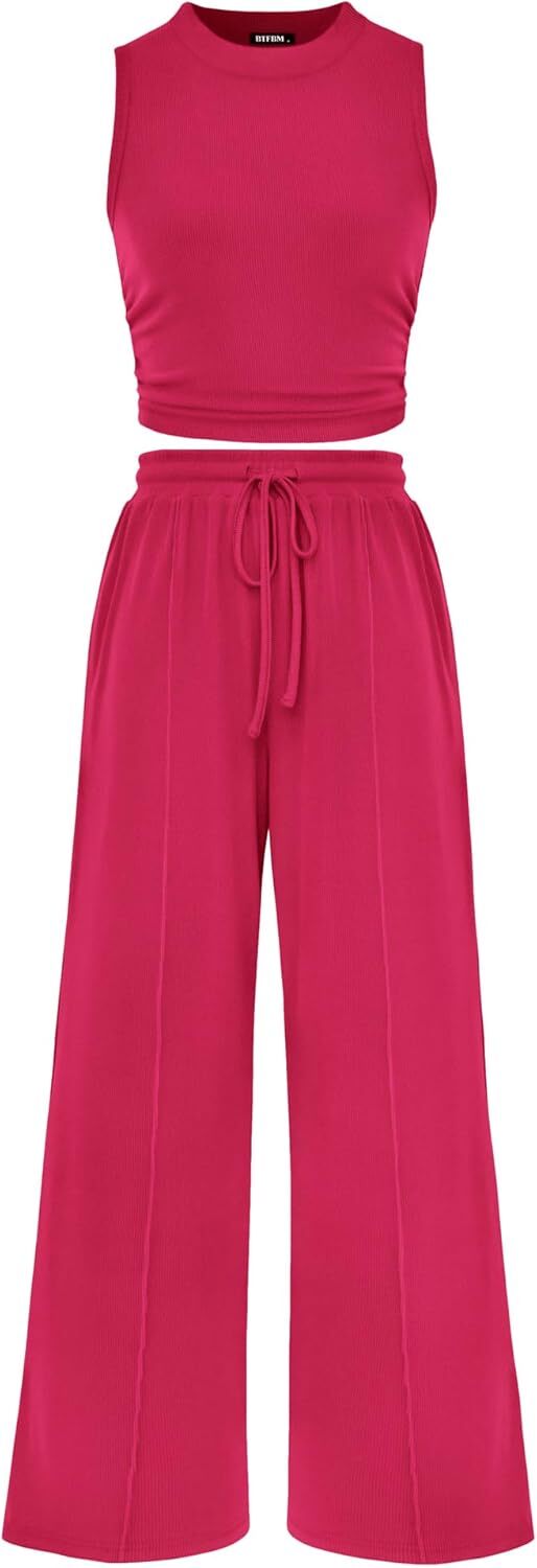 Women's Summer Beach Round Neck Sleeveless Cropped Top Elastic Waist Wide Leg Pants Lounge Set