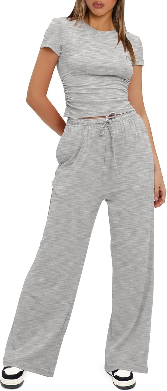 Darong Women's 2 Piece Outfits Lounge Sets Ruched Short Sleeve Tops and High Waisted Wide Leg Pants Tracksuit Sets