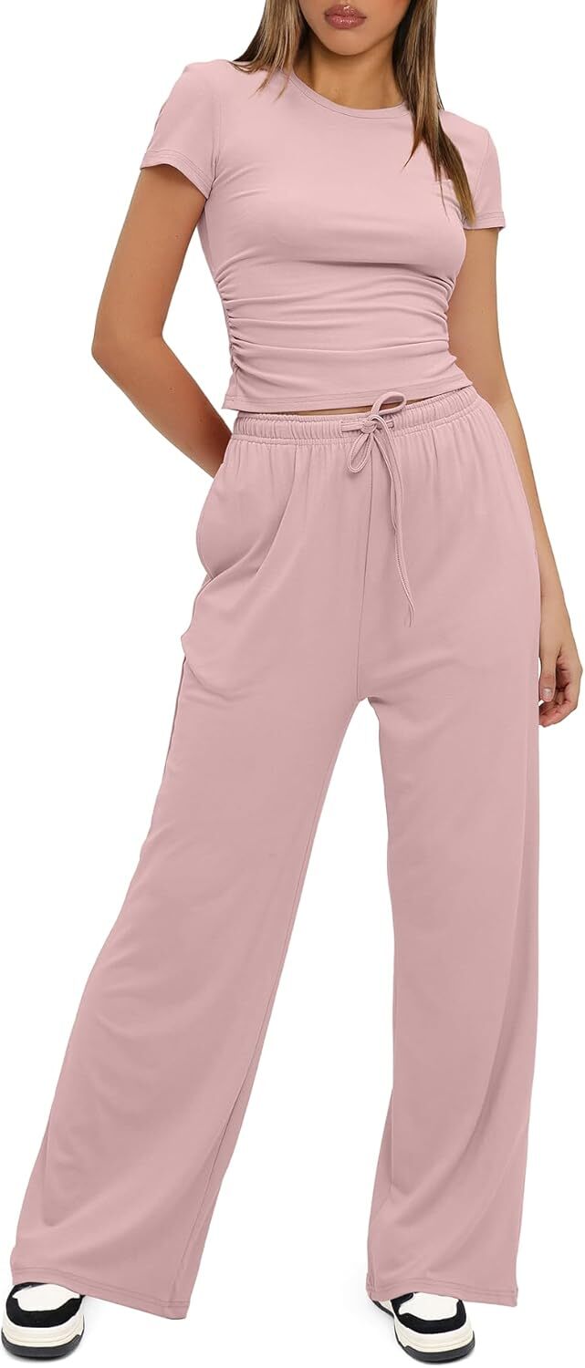 Darong Women's 2 Piece Outfits Lounge Sets Ruched Short Sleeve Tops and High Waisted Wide Leg Pants Tracksuit Sets