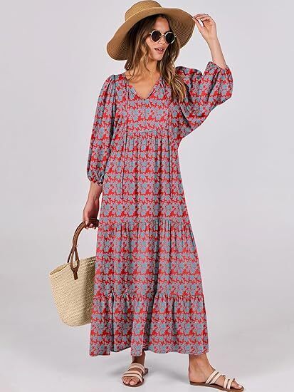 summer V Neck Puff Sleeve Floral Flowy Swing Casual Long Dress
