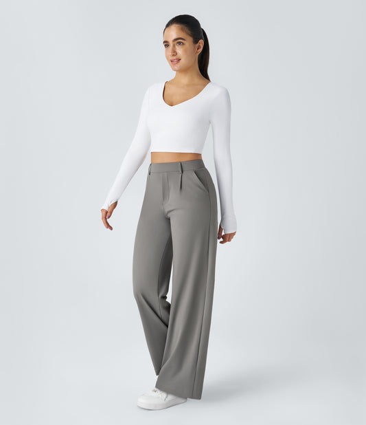 High Waisted Side Pocket Straight Leg Work Suit Pants