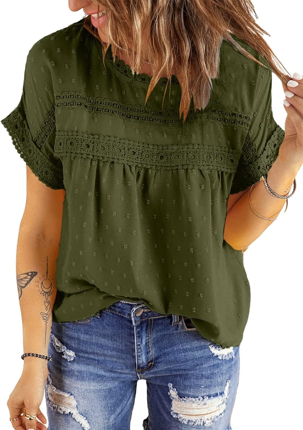 Dokotoo Womens Summer Tops Crewneck Lace Crochet Short Sleeve Shirts Casual Chiffon Blouses
