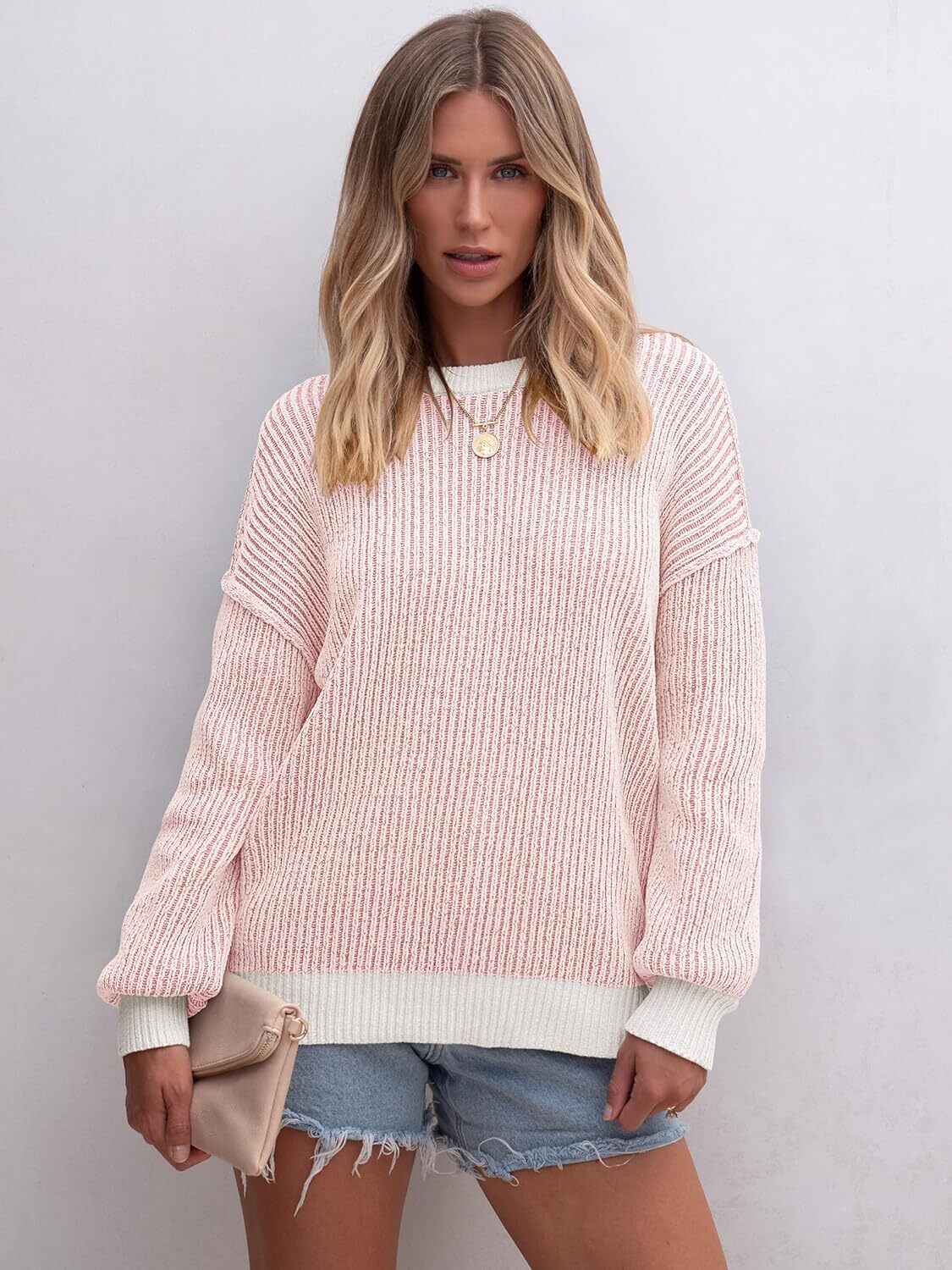 Womens Sweaters Crewneck Long Sleeve Color Block Pullover Loose Ribbed Knit Sweater Tops 2024 Fall Trendy Outfits