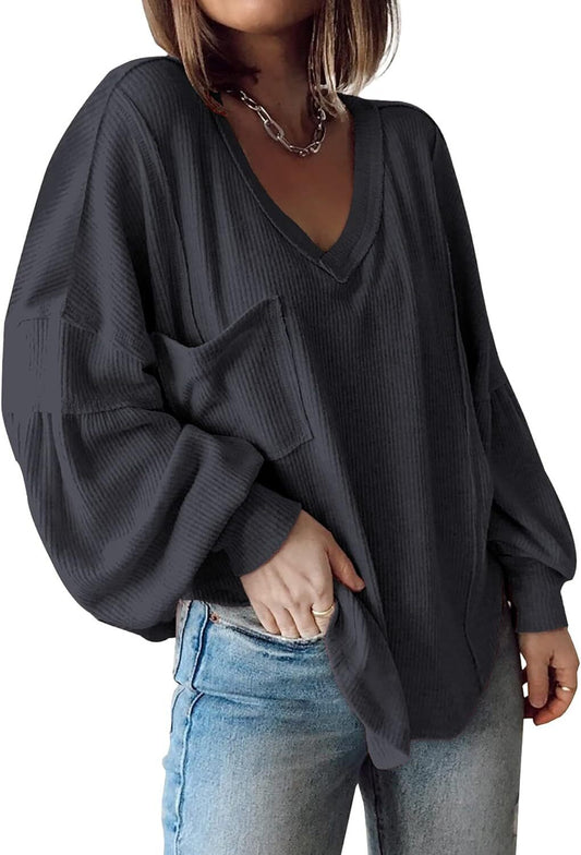 BTFBM Women's Casual V Neck Ribbed Knitted Shirts Pullover Tunic Tops Loose Balloon Sleeve Solid Color Blouses Top