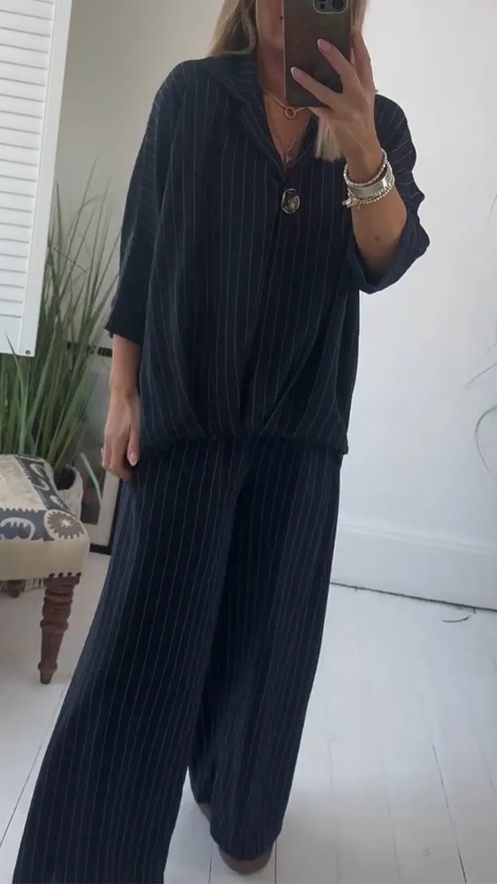 New Ladies' Collar Striped Loose Casual Suit
