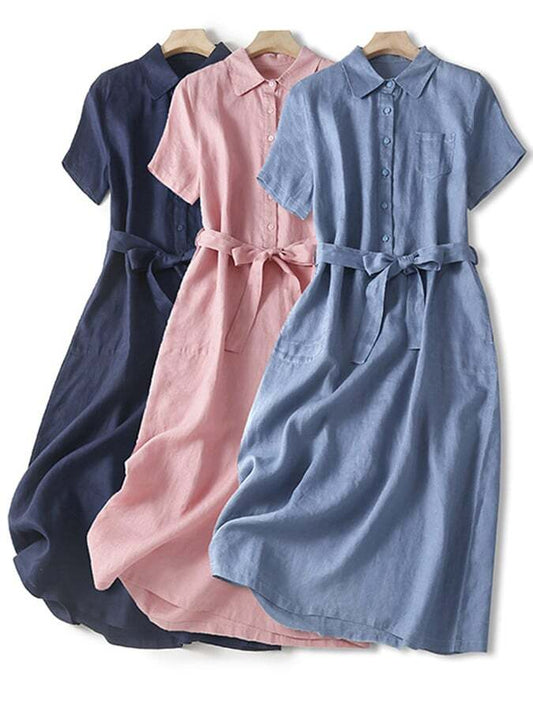 Cotton And Linen Solid Color Shirt Collar Belt Dress