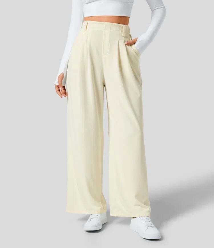 High Waisted Plicated Side Pocket Wide Leg Waffle Work Pants