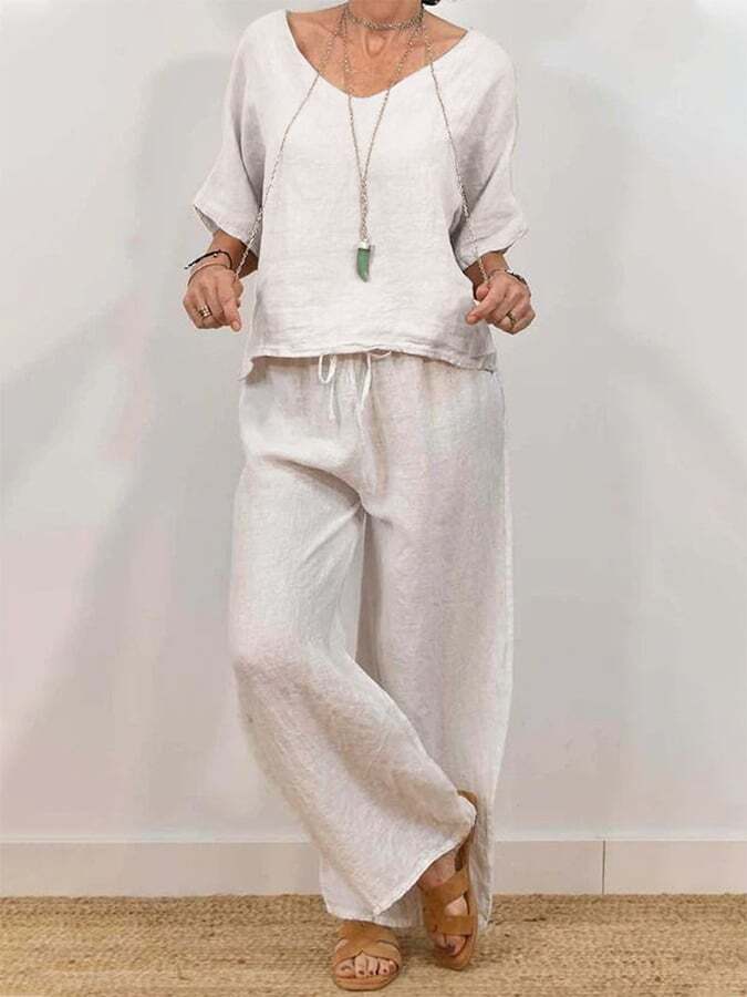 Women's Casual Linen V-Neck Half-Sleeve Pullover + Pants Two-Piece Set