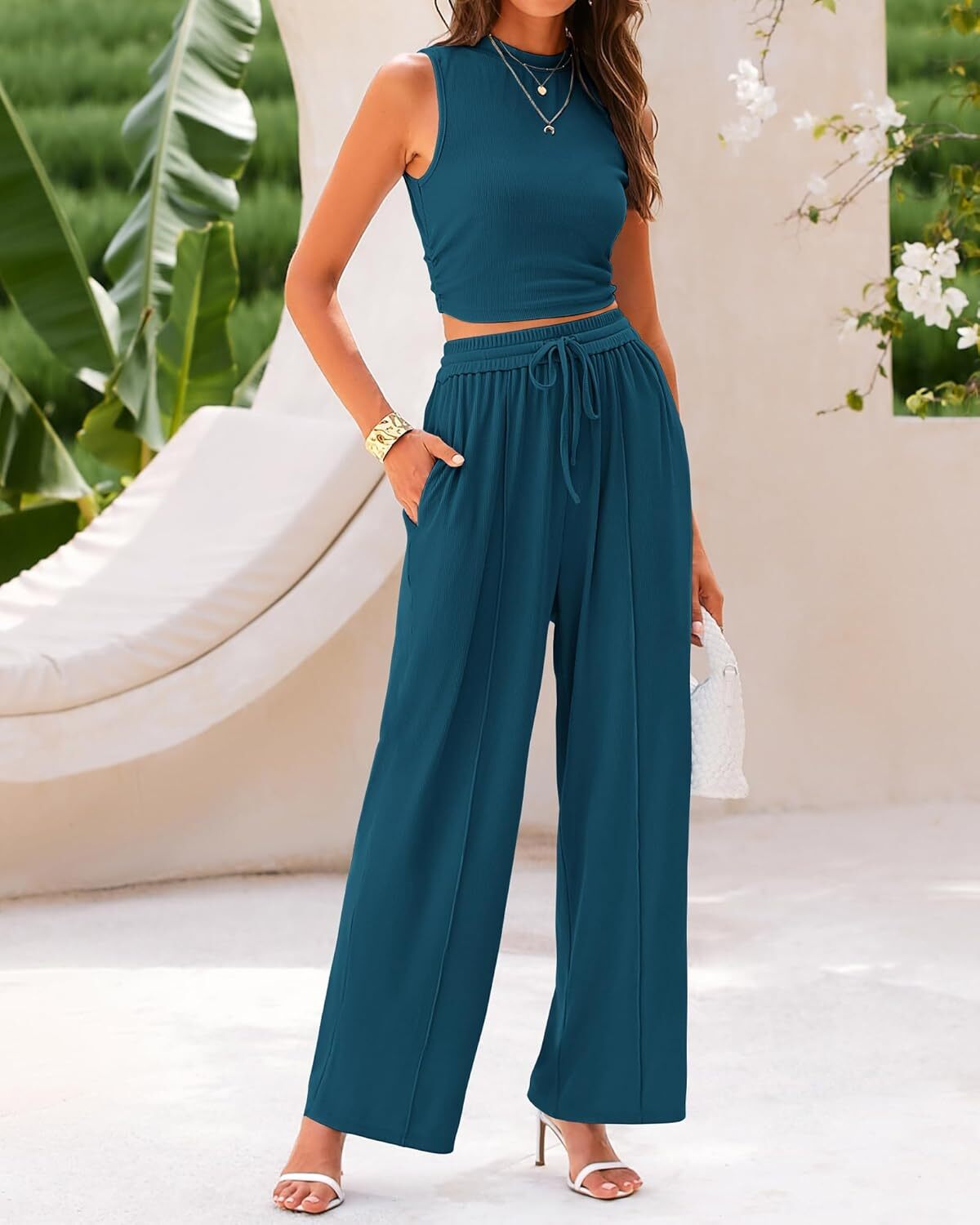 Women's Summer Beach Round Neck Sleeveless Cropped Top Elastic Waist Wide Leg Pants Lounge Set