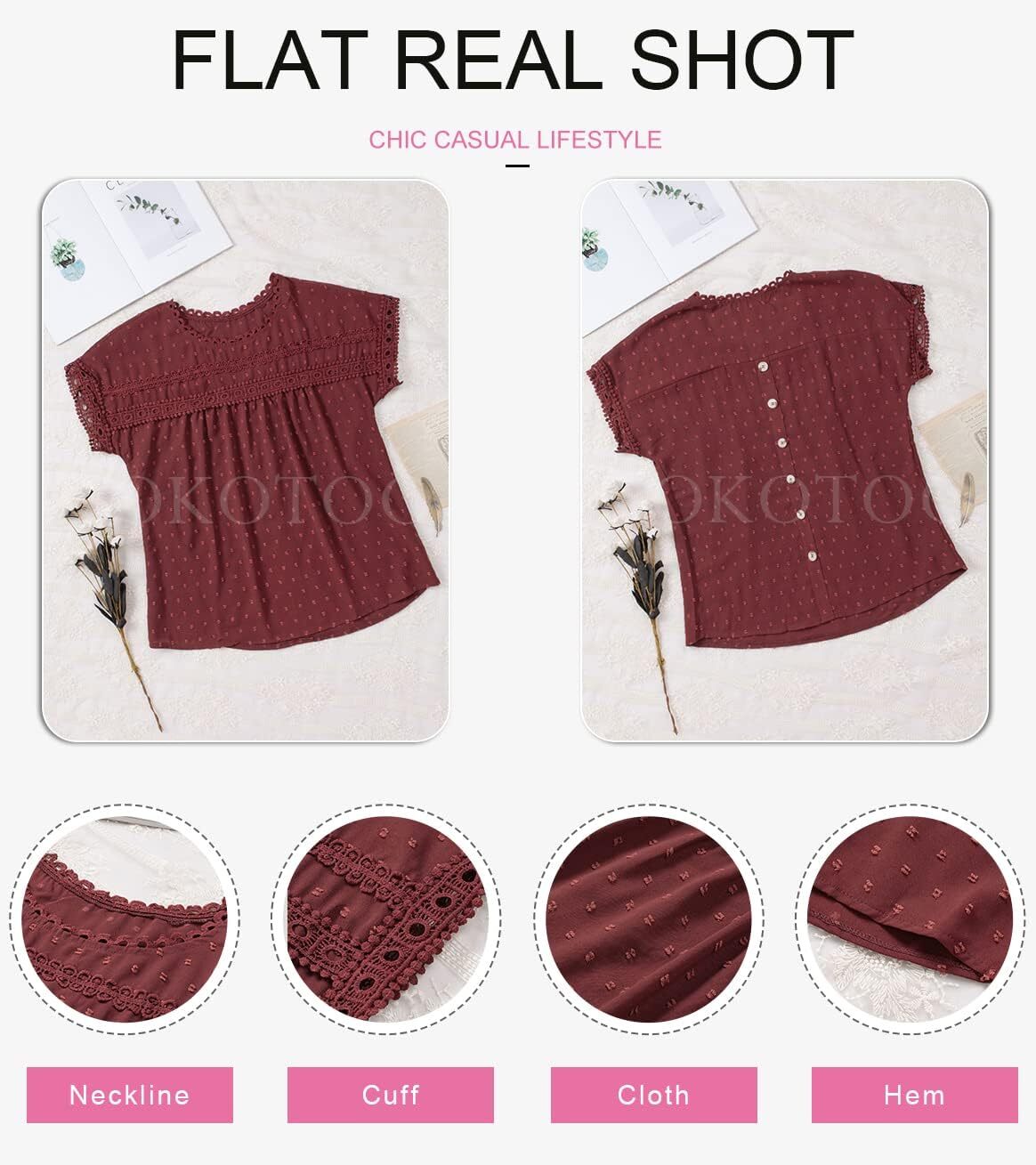 Dokotoo Womens Summer Tops Crewneck Lace Crochet Short Sleeve Shirts Casual Chiffon Blouses