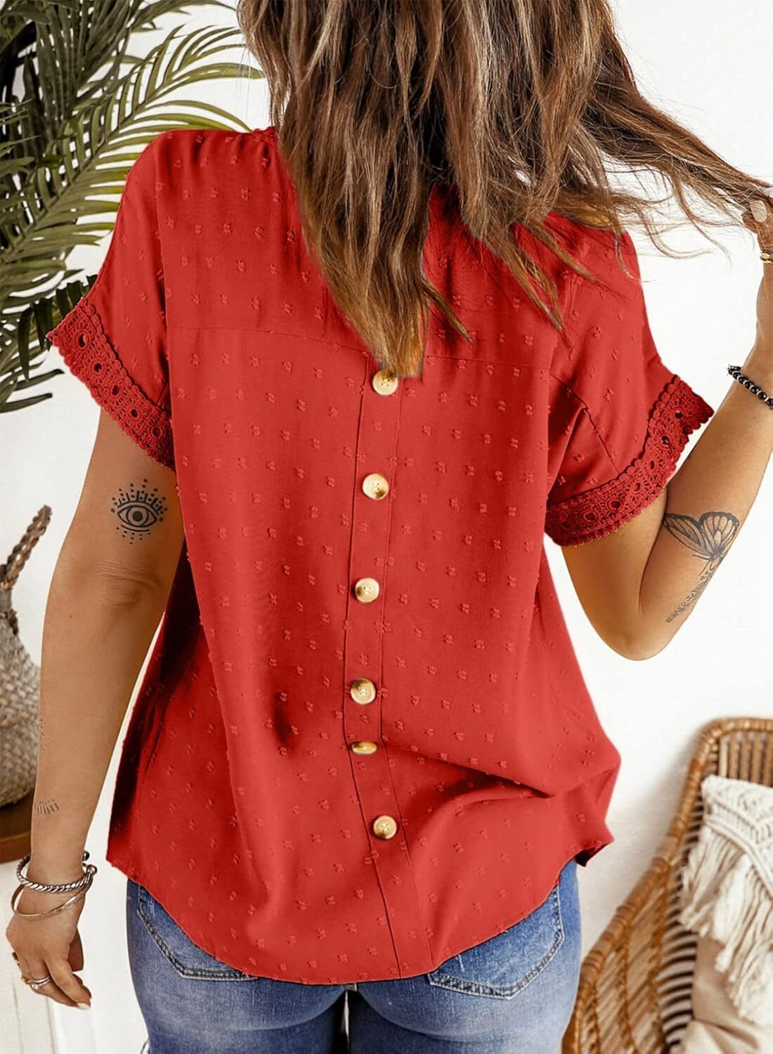 Dokotoo Womens Summer Tops Crewneck Lace Crochet Short Sleeve Shirts Casual Chiffon Blouses