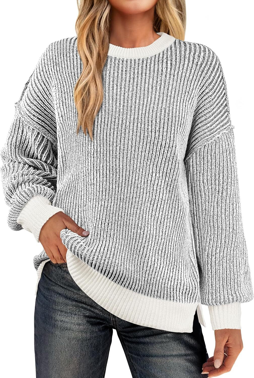 Womens Sweaters Crewneck Long Sleeve Color Block Pullover Loose Ribbed Knit Sweater Tops 2024 Fall Trendy Outfits