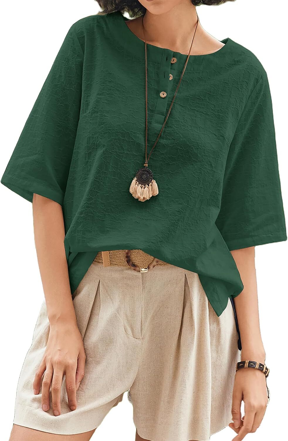 Linen Tops for Women 3/4 Sleeve Crew Neck Cotton Shirts