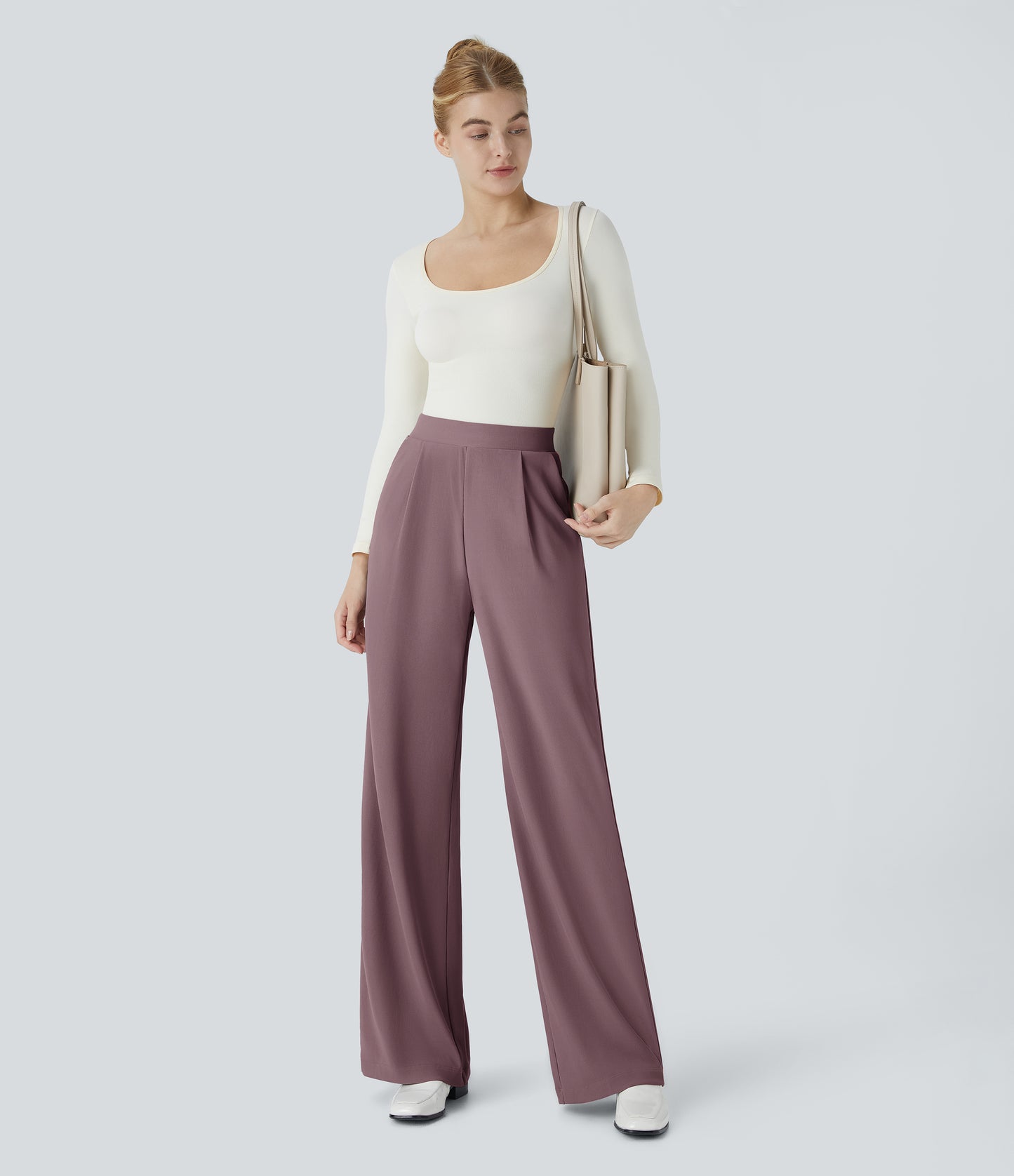 🎅Early Christmas Sale🎄High Waisted Body Sculpt Waist-Slimming Pocket Wide Leg Micro Waffle Work Pants